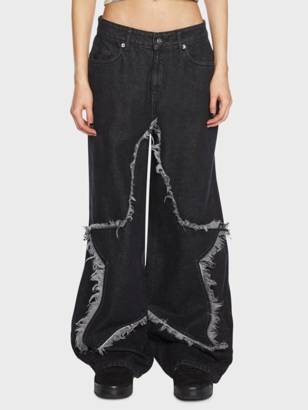 Basic Pleasure Mode Ziggy Jeans Oversized w/ Frayed Star in Washed Black Size 6